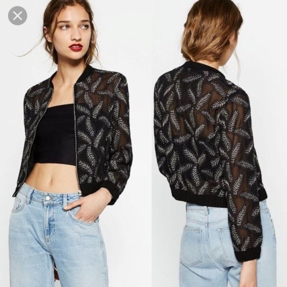 Zara Sheer Gold Leaf Bomber Jacket XS